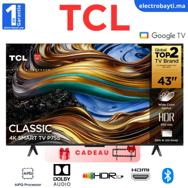 TCL- 43" Google TV – 4K, UHD, HDR10, Dolby Audio, HDMI, 120mHZ - P755 4K