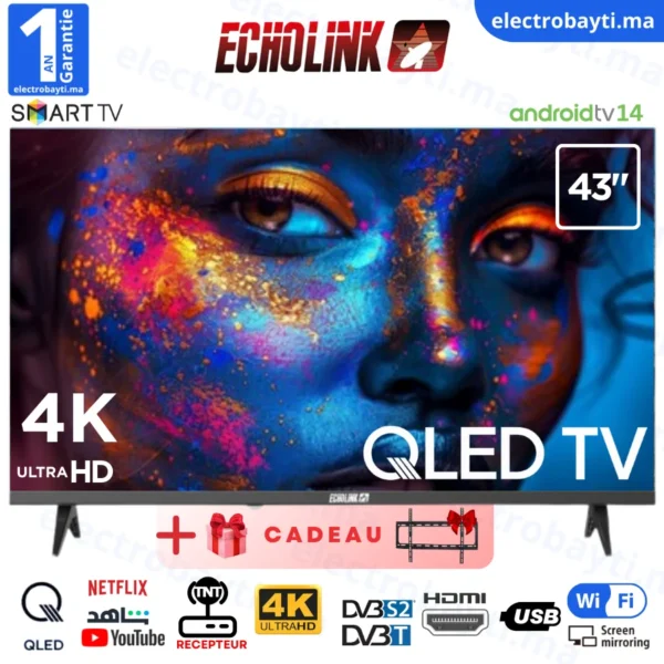 ECHOLINK - 43" - QLED 4K UHD - SMART TV Android 14 - Wi-Fi, Bluetooth, DVB-T2/S2 + Support