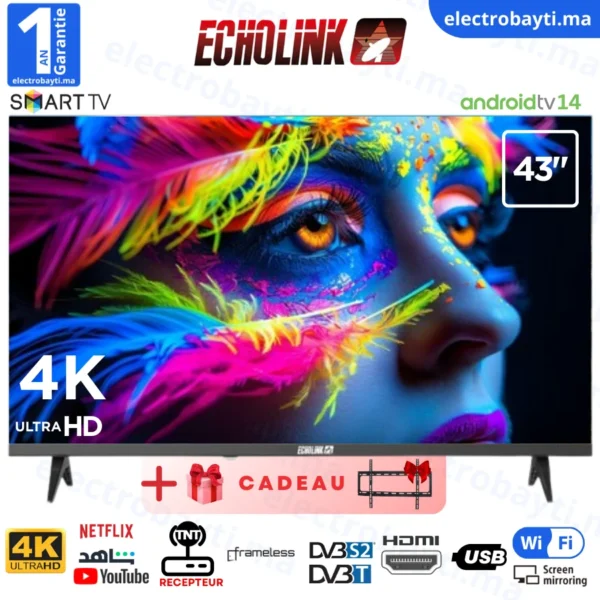 ECHOLINK - 43" - QLED 4K UHD - SMART TV Android 14 - Wi-Fi, Bluetooth, DVB-T2/S2 + Support