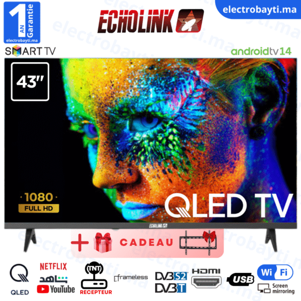 Echolink 43 Smart TV QLED Full HD avec Android 14, HDMI, DVB S2/T2 + Support