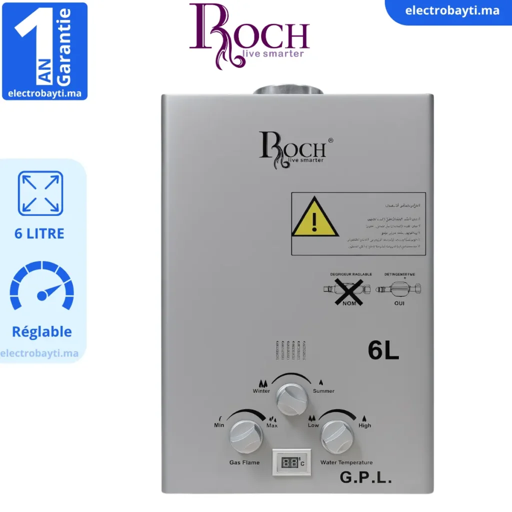 Roch Chauffe eau à gaz automatique en acier inoxydable - 6L - Butane G30 - Ecran LED
